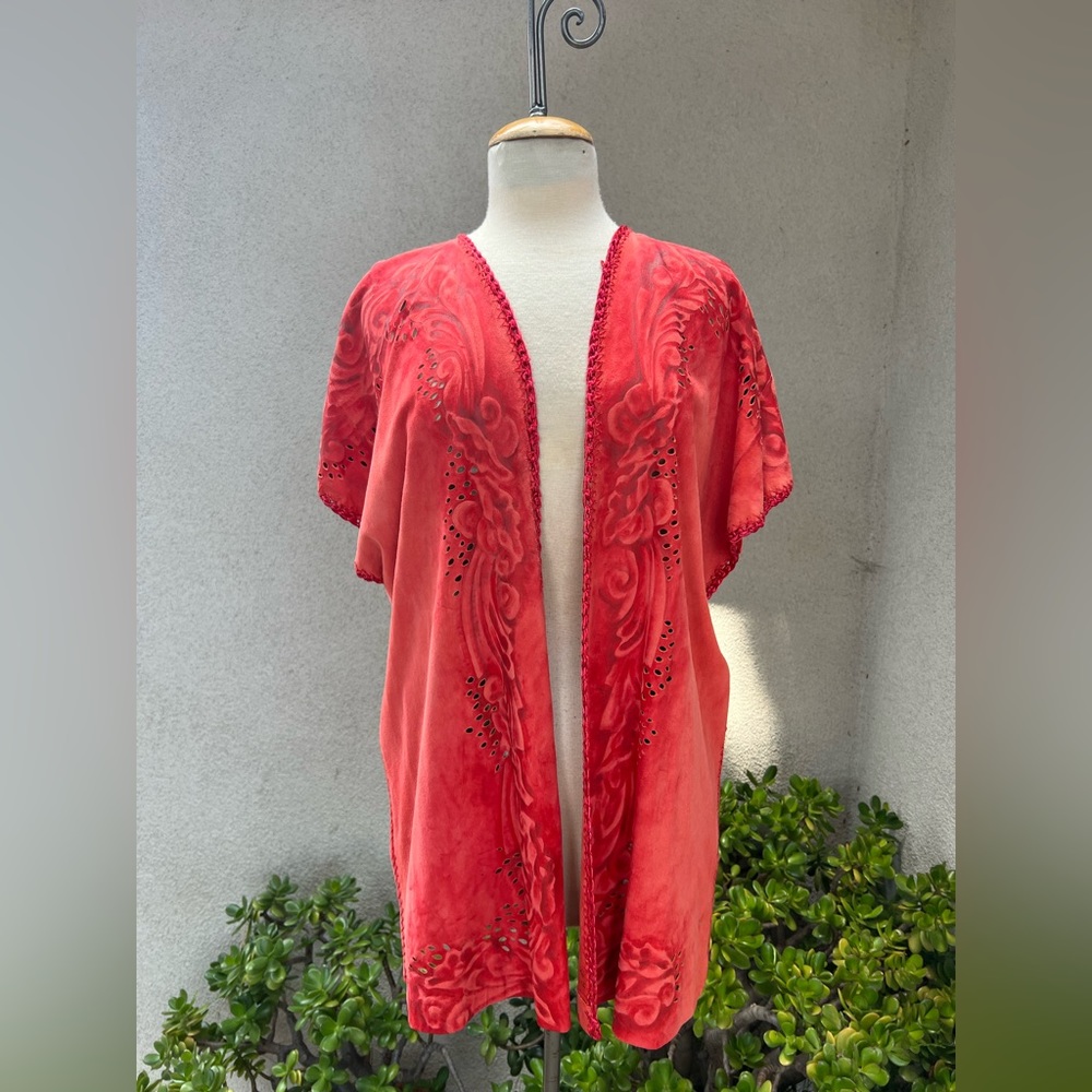 Vintage suede rust orange vest art to wear floral painted with cutouts signed OS